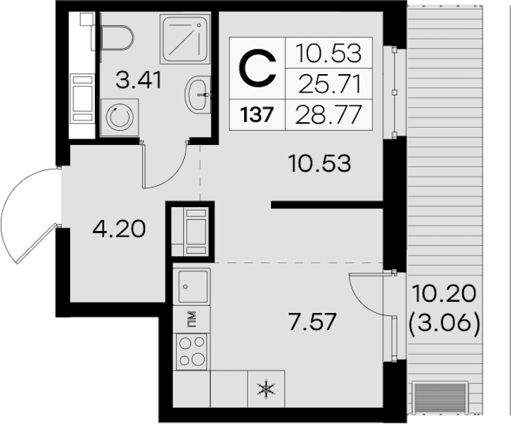 1-комнатная квартира 28.77 м², 8/8 эт., ЖК «Glorax City Балтийская»